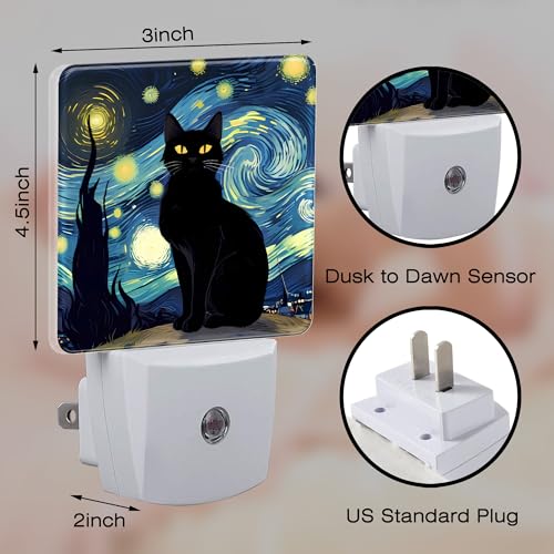 Image of Starry Night Black Cat Night Light Plug into Wall, Abstract Oil Painting Dusk to Dawn Night Light Plug in,0.5w Energy Saving Sleep Friendly NightLight for Kids Boys Girls Home Decor