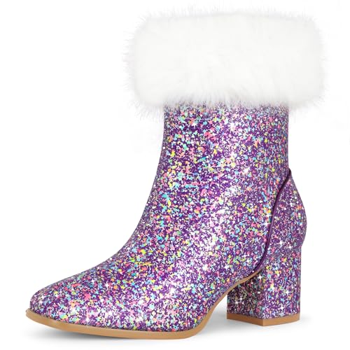 Bottines à paillettes femme Allegra K à bout carré et talon épais en fausse fourrure