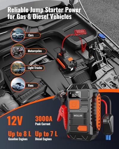3000A Jump Starter with Air Compressor - 160PSI Car Battery Jumper Starter Portable for up to 8L Gas & 7L Diesel, 12V Jump Box, 20000mAh Powerbank, Dual Flashlight, LED Display, Orange - Image 3