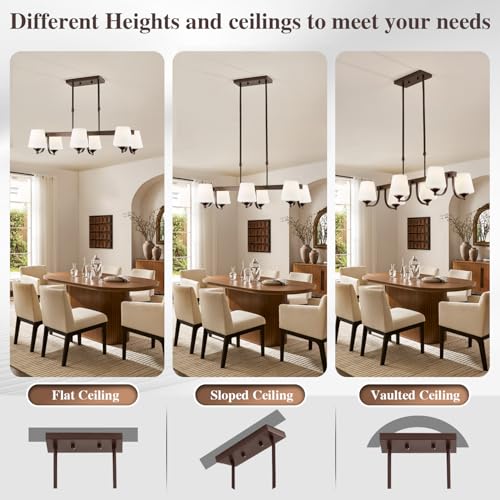 Image of Dining Room Light Fixture Chandelier Over Table,6 Light Kitchen Island Lighting Hanging for Farmhouse Linear Chandeliers Oil Rubbed Bronze Rustic Ceiling Pendant Light with Frosted Glass Shade