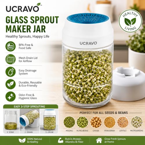 Image of UCRAVO Sprouting Jar for Sprouts Growing Kit with Drain Lid & Stand, Seed Sprouter Container for Mung Beans Alfalfa Lentils Chickpeas, BPA Free Sprout Maker,Germination Jar for Healthy Home Gardening
