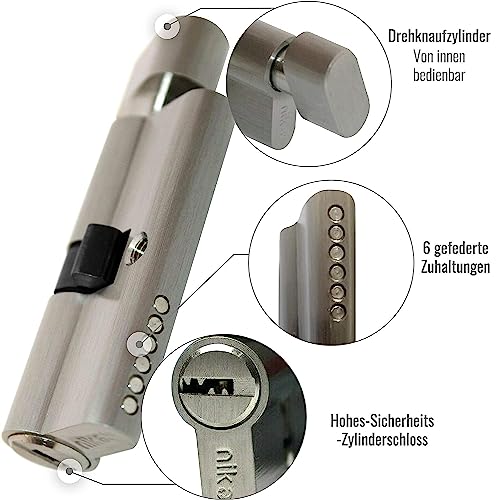 6-Stiftiger Knaufzylinder Türzylinder 45/45 - Zylinderschloss 90mm mit Knauf 20mm 5 Schlüssel 2...