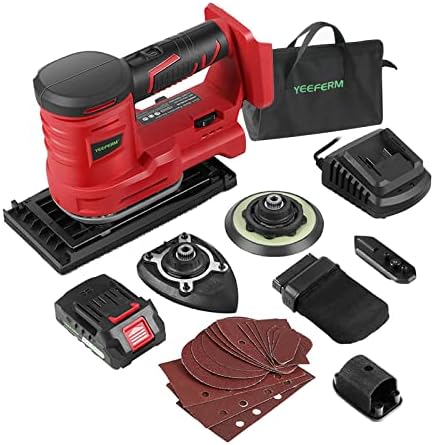 Cordless Multi-Function Detail Sander,YEEFERM 20V Sander with 5 different Sanders and 15Pcs Sandpapers,10000 OPM with Dust Bag for Wood Sanding DIY Project,2.0 Battery and Fast Charger Included