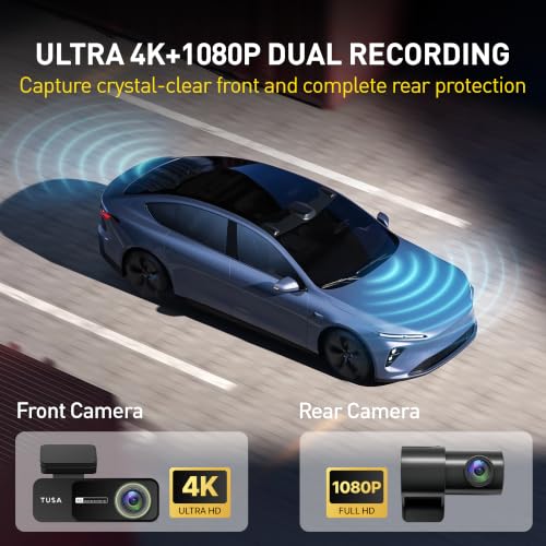 Image of TUSA 4K Front & 1080 Rear Dash Camera | WiFi Car Dash Cam | Super Night Vision | 6-Layer Lens | Loop Recording | Emergency Recording | Parking Monitor & Type-C Connectivity