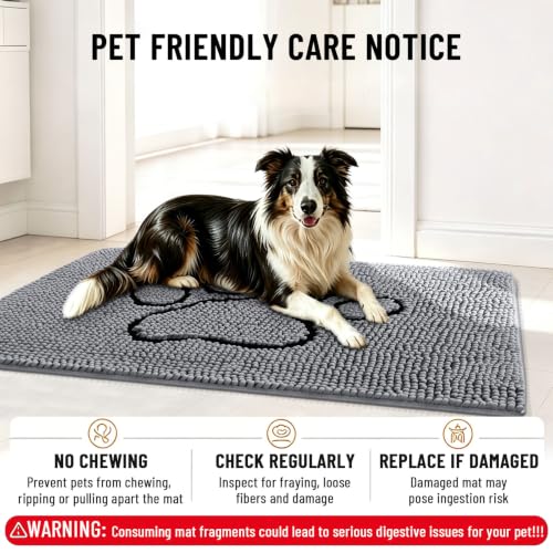 Image of Smiry Dog Door Mat for Muddy Paws, Absorbent Dirt Trapper Non Slip Quick Dry Washable Chenille Mat for Mud Dogs, Entry Rug for Indoor and Outdoor (47x17 Inches, Grey and Black)