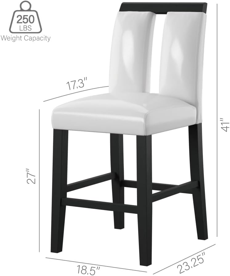 Furniture of America Durant Modern Upholstered Faux Leather bar stools Set of 2, 41" Counter Height, with Key Hole Back, Black Solidwood Legs, for Dinettes, Dining Room and Kitchen, White