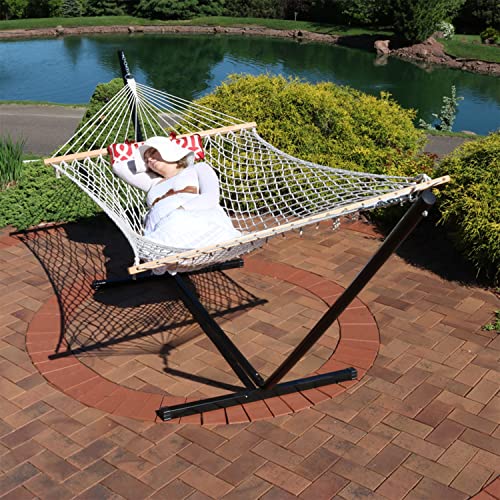 Sunnydaze Rope Hammock With Stand Combo - 275-Pound Capacity - Includes 12-Foot Hammock Stand, Spreader Bar, Pad, And Pillow - Royal Red #TOP7
