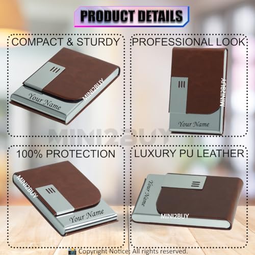 Image of Engraved Your Name Customized On Vertical Card Holder -Luxurious Unisex Design-RFID Blocking Stainless Steel 1 x 10 x 6 cm for Credit|Debit|ATM|Business Visiting Corporate Gift (Brown-SLV)
