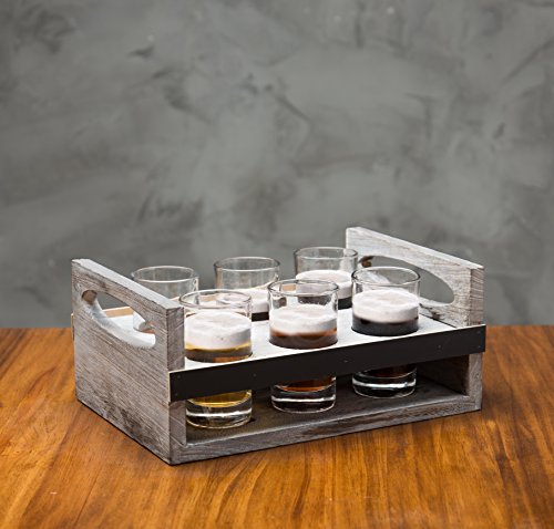 Mygift Rustic Gray Solid Wood Craft Beer Flight Tasting Board Set With 6 Oz Beer Glasses, Serving Tray With Erasable Chalkboard Panel #TOP3