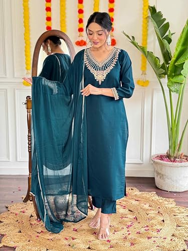 Image of Shiv Textiles Women's Chanderi Silk Embroidered Kurta Pant Dupatta Set(JDA-NILAM-RAMA-S)