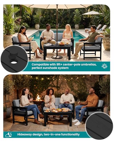 Image of SERWALL HDPE Outdoor Loveseat with Cushion, Outdoor Sectional Furniture Set | All Weather Use Patio Couch Sofa，Black Frame with Grey Cushions