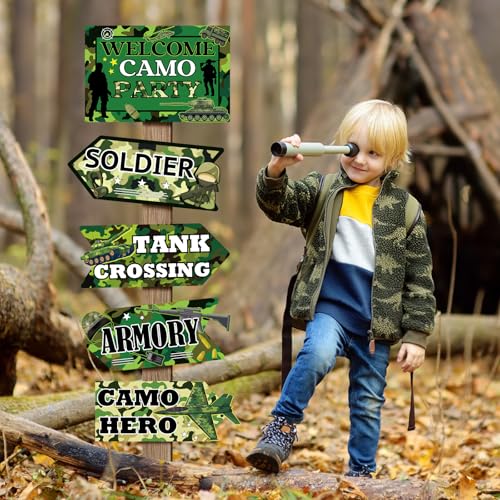 Image of Hooqict 20 Pieces Camo Party Signs Army Birthday Party Decorations Camouflage Military Birthday Party Supplies for Boys Men Army Themed Directional Sign