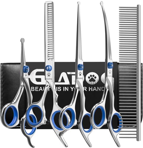 Dog Grooming Scissors Kit with Safety Round Tips, GLADOG Professional 6 in 1 Grooming Scissors for...