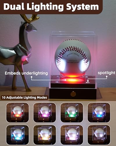 Image of Fitense LED Acrylic Baseball Display Case UV Protection Wood Base | Transparent showcase built with solid wooden base for signed baseball sports memorabilia collection