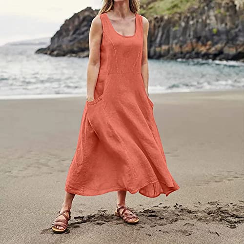 Plus Size Cotton Linen Summer Dresses for Curvy Women 2025 Sleeveless Maxi Vacation Beach Sundresses with Pockets