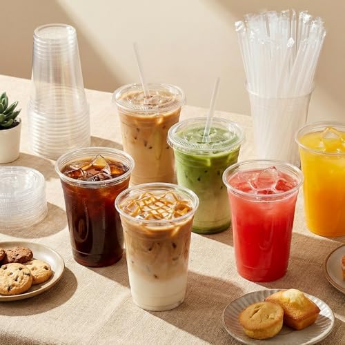 Glowserve 16 oz Clear Plastic Cups with Lids and Straws 100 Pack Iced Coffee Cups with Lids for Smoothie Iced Coffee Disposable Coffee and TO-GO Cups for Cold Drinks, Milkshake, Bubble Tea — view 6