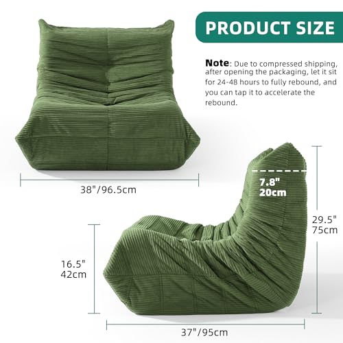 DWVO Upholstered Floor Sofa, Memory Foam Lazy Floor Sofa Couch, Large Soft Corduroy Beanbags Chair with Washable Cover for Living Room Apartment Dorm Office, Green