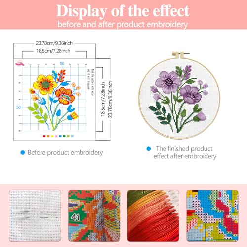 Image of Zhenqing Purple Floral Bouquet Cross Stitch Kit for Beginners - 11CT 24x24cm Pre-Printed Pattern with Embroidery Hoop, Threads & Tools(70523)