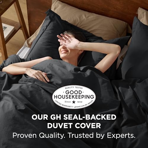 Bedsure 100% Washed Cotton Duvet Cover King Size - Black Minimalist Cotton Duvet Cover Linen Like for All Seasons - GentleSoft™ Plain Simple Bedding (Black, King, 104"x90")