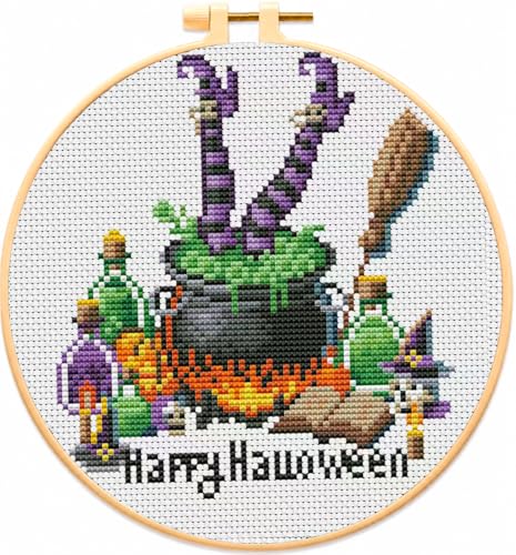 The Witchs Poison Cross Stitch Kits for Adults Beginners Halloween Stamped Cross Stitch Kits with Framed Embroidery Kit for Beginners Partial 11CT Cross-Stitch Arts and Crafts for Adults 8x8 inch