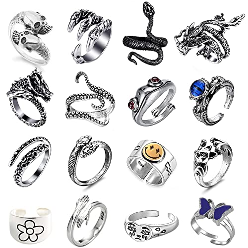 16 Stück Vintage Punk Rings Set, Gothic Ring Set, Süße und Stilvolle Stapelbare Ring Verstellbar, Octopus Drachen Tintenfisch Schlange Katze Frosch Ringe für Frauen Männer und Mädchen Cover