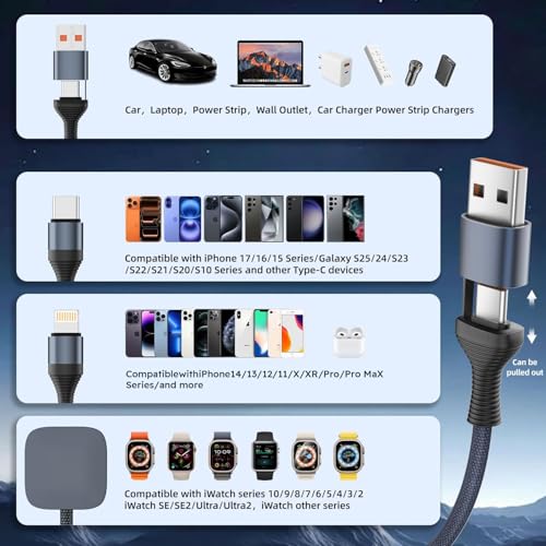 Image of Travel Essentials,3 in 2 USB A /C Cable for Watch Charger /iPhone 17 Charger /IP Cable Designed for iWatch Chargers, Multi Charging Cable Compatible with iPhone 17-11 /iWatch 11-1 /ultra /se 6FT