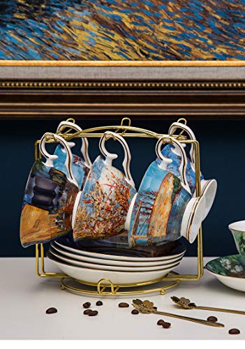 Van Gogh Bone China Set Of 6 Cups And Saucers With Rack, Coffee Cup And Saucer Set With Gift Box, 8-Ounce Art Coffee Mugs Set #TOP3
