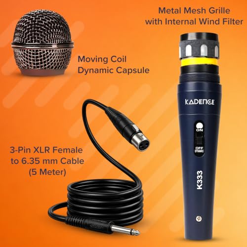 Image of Kadence K333 Home Series Dynamic Wired Mic with Cardioid Pickup, Blue | Metal Body with On /Off Switch; Includes 3-Pin XLR Female to 6.35 mm Cable for Karaoke, Singing, Speeches & Stage Performances