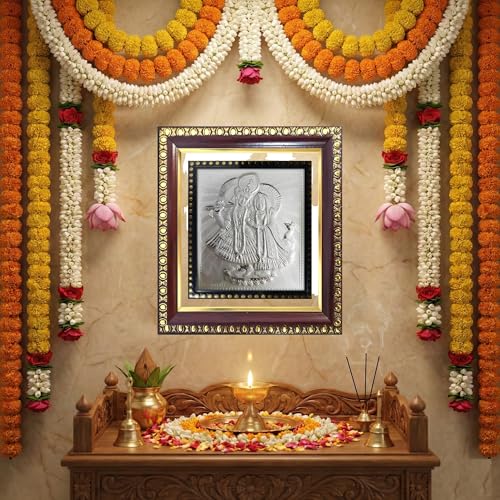 Image of ARTSMINE - 999 Pure Silver Radha Krishna Frame - Pure Silver Sheet with Purity Certificate | Pooja Room, Home & Office Decor | Wedding, Corporate & Housewarming Gift | Handcrafted Table Top & Wall Mount - 1 Unit (14 x 12.5 CM / 5.5 x 5.0 Inch)