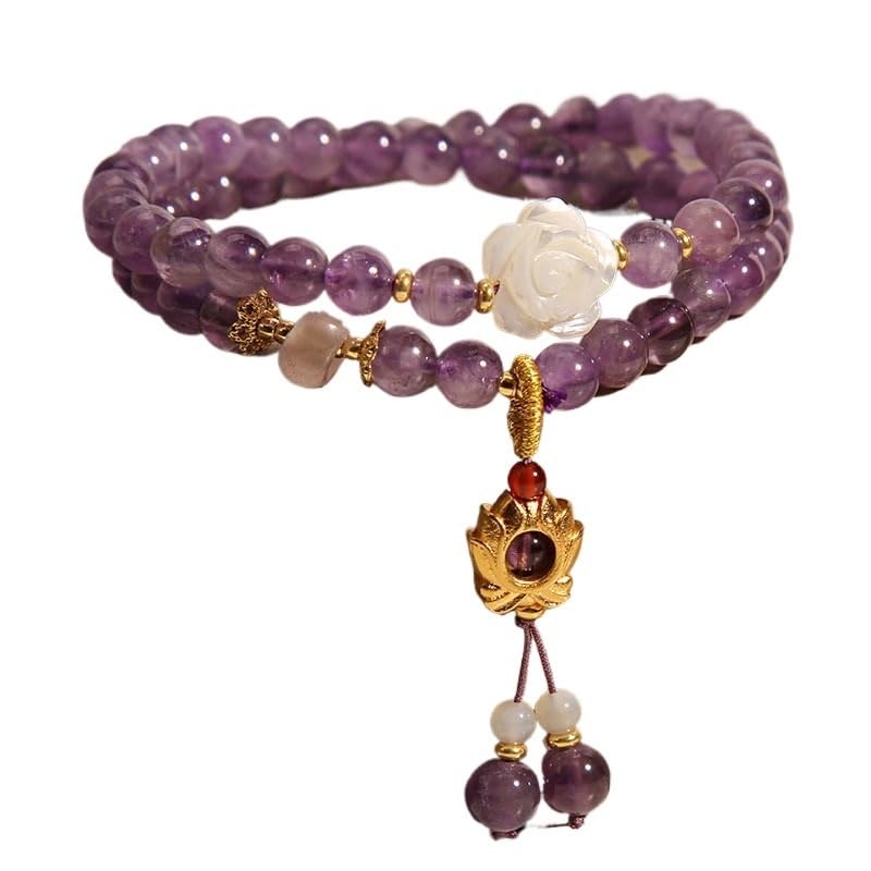 Natural Amethyst Double Layer Beaded Bracelets Orchid Rose Pendant Bracelet Jewelry