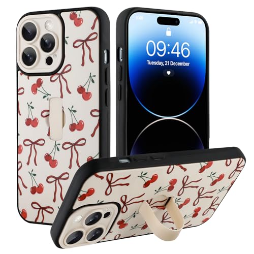 Ufbara Compatible with iPhone 14 Pro Max Case for Women Girls, Cute Cherry Bow Ribbon Bowknot Pattern, Built in Adjustable Wrist Strap Grip Hand Holder Shockproof Kickstand Cover (White)