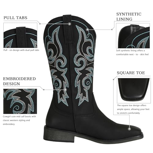 Image of J's.o.l.e Womens Square Toe Cowgirl Cowboy Boots Mid Calf with Chunky Heel Retro Embroidery Western Boots