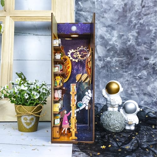 Image of Tonecheer DIY Book Nook Kit for Adults,3D Wooden Puzzle Bookend Bookshelf Insert Library Decor, Booknook Miniature House Kit with Body Motion Sensor LED Light（Interstellar）