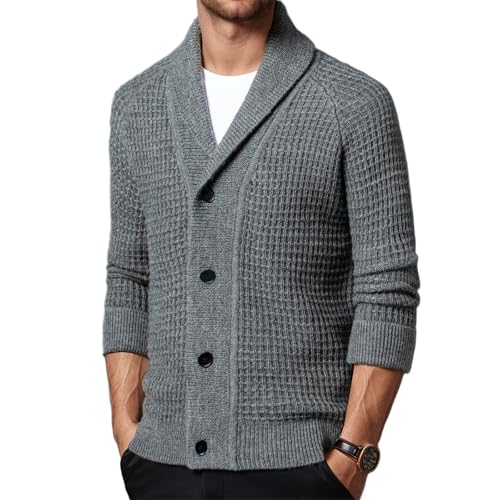 Men's100% Wool Shawl Collar Cardigan Sweater Winter Warmth Cable Knit Button up Sweater