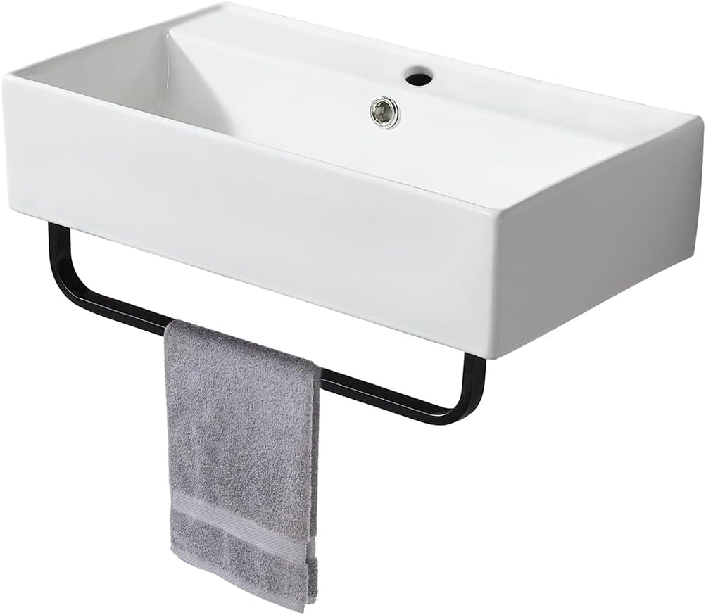 Rectangular Wall Mounted White Vessel Sink with Towel Rack and Overflow, Ceramic Above Counter Bathroom Vanity Sink 21.8x12.4 Inch Porcelain Art Wash Basin For Rvs, Restroom, Toilet