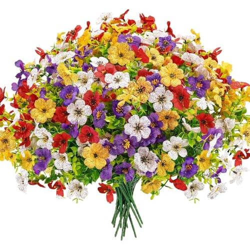 Der Rose 12 Bundles Artificial Daisy Fake Flowers for Outdoors, UV Resistant Colorful Silk Faux Flowers for Spring Home Porch Garden Decor