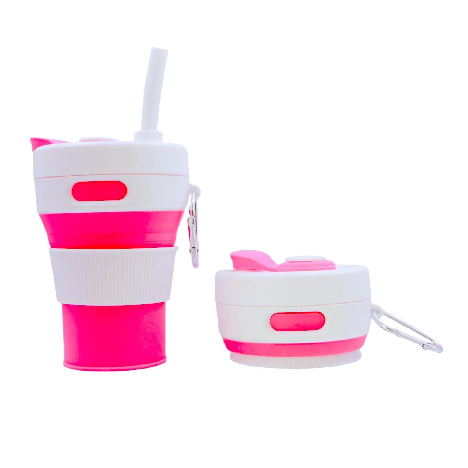 Pink15OZ/450ML Taza de viaje plegable de silicona para coche, taza de café con tapa, tazas de café frío y caliente con pajita, a prueba de fugas, reutilizable, adecuada para viajes, camping,