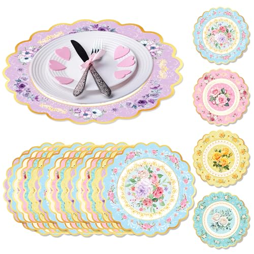 Floral Paper Placemats Disposable Place Mats Decorative Colorful Round Table Mats for Tea Party Table Decorations Garden Bridal Shower Birthday Wedding Dinner Table Setting Party Supplies(30 Pack)