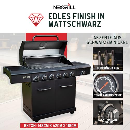 Nexgrill Deluxe 6+1 Brenner Gasgrill matt schwarz – Grill Gas mit Seitenkochfeld, porzellanbeschichteten Gusseisenrosten, Edelstahlbrennern, Ideal für Gartenpartys & Outdoor BBQ 3