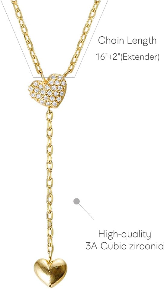 MUSTHAVE 18K Gold Plated Y-Shaped Cubic Double Drop Heart Necklace, Women Necklace, Birthday, Anniversary, Love, Fiancee (Yellow Gold) - Image 2