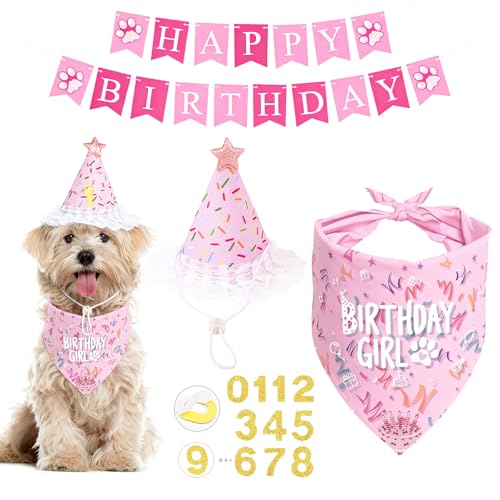 Dog Birthday Party Decorations Adjustable Dog Bandana Set with Hat Numbers Banner for Pet Party Supplies Festive Accessories Large Medium Small Pet Puppy Dogs Pink