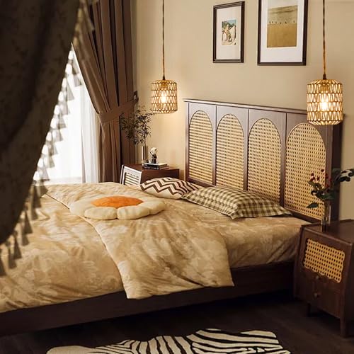 Image of Plug in Pendant Light with 6W LED Bulb Warm Light(3000K) Dimmable Switch Cute Rattan Hanging Lamp Cord 15ft Hand Woven Plug in Chandelier Boho Hanging Lights Fixture for Bedroom Kitchen