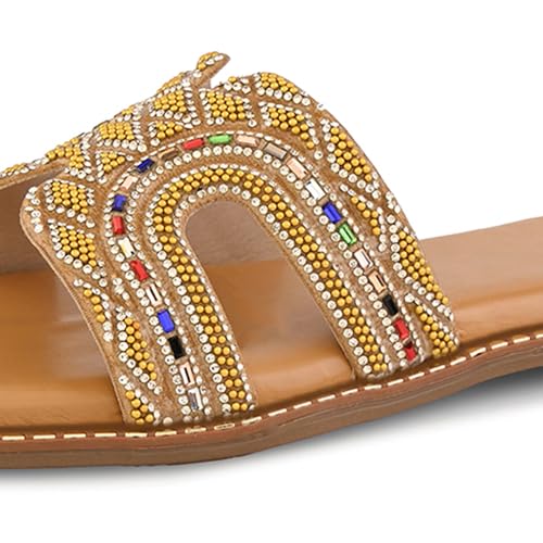 Image of Centrino Women's Beaded Flat Sandals | Stylish Gold Crystal Slip-On with Ornate Cutout Design | Soft Cushioned Footbed |Elegant & Trendy Open Toe Slip-On | Luxury Footwear for Wedding /Party (9301)