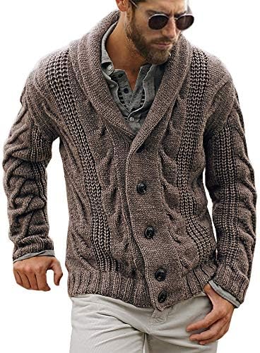 Karlywindow Mens Cable Knit Cardigan Sweater Shawl Collar Loose Fit Long Sleeve Casual Cardigans Brown