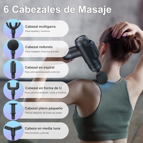 Pistola de Masaje Muscular, Masajeador Cervical y Espalda, 99 Niveles Ajustables, 6 Cabezales de Masaje, Pantalla LCD y Carga Tipo-C, Profesional Massage Gun para Aliviar el Dolor Muscular - imagen 5