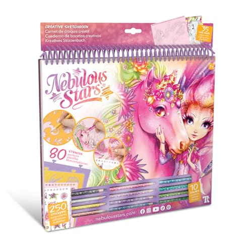 Nebulous Stars 11373 - Kreatives Skizzenbuch Lilyaz & Viviaz, Malbuch Set mit 35 illustrierten Seiten in rosa, Schablonen mit 80 Motiven, 4 Abreibebilder, 250 Stickern, 12 Buntstiften und Anleitungen