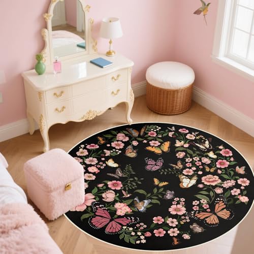 Butterfly 4ft Round Rug - 4x4 Washable Circle Rug Soft Large Circle Carpet for Bedroom Living Room Kitchen Nursery, Black