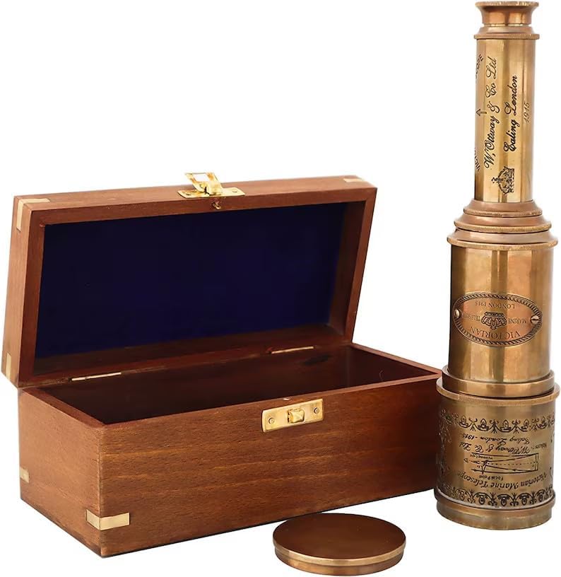 Personalized Antique Brass Telescope with Wooden Box – Engraved Vintage Nautical Spyglass Replica, Handmade Maritime Decor, Pirate Scope Gift for Collectors, Home Office Desk Decor