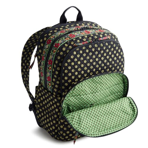 Image of Vera Bradley Women's Premium Cotton Large Bancroft Backpack - 15 inch Laptop & Trolley Sleeves - Vibrant Black, 28L