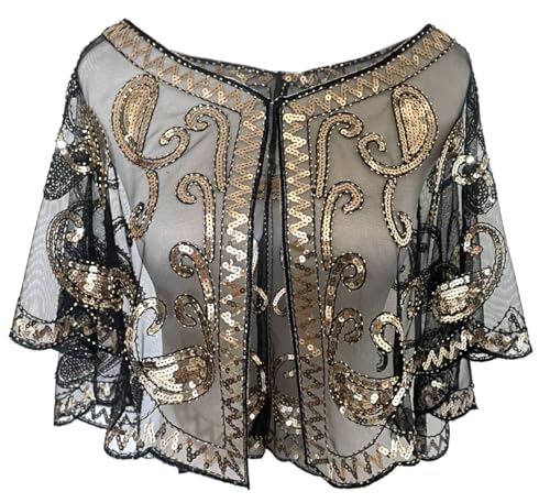 Sequin Shawl Cape for Women Formal,Black, Mesh Evening Wrap,1920s Art Lace Deco Beaded Capelet, Formal Cover Up
